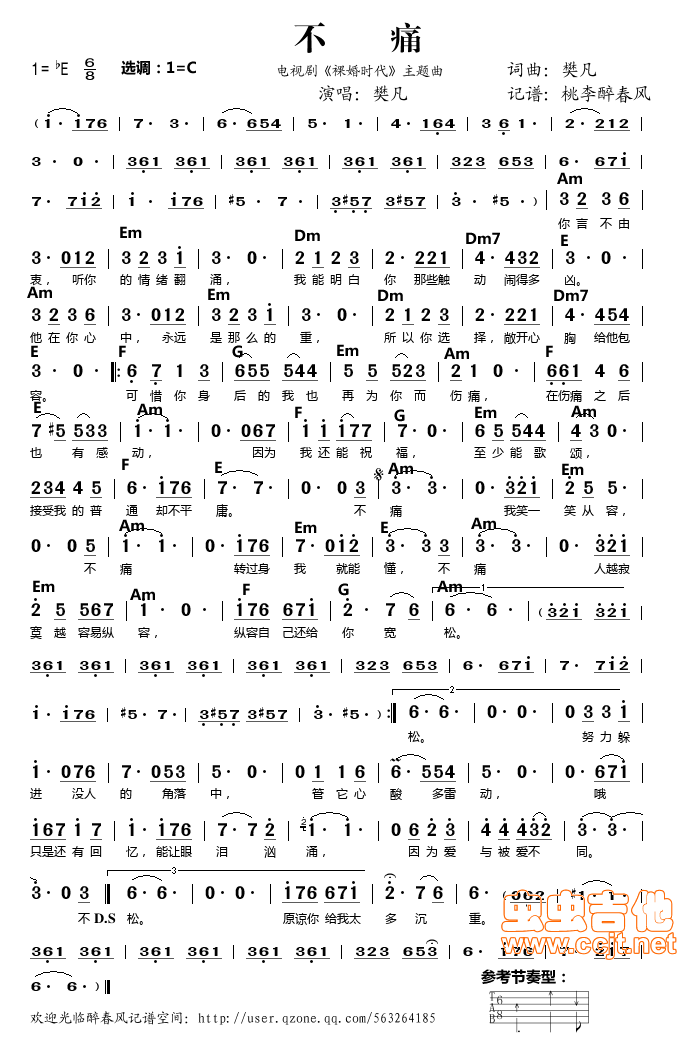 《裸婚时代》插曲樊凡《不痛》C调-吉他谱