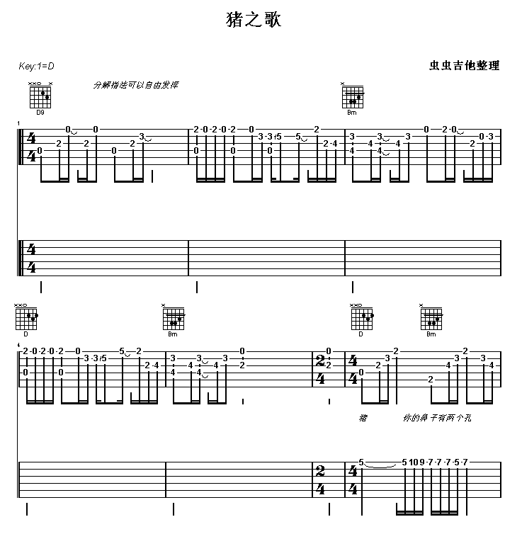 猪之歌调-吉他六线谱
