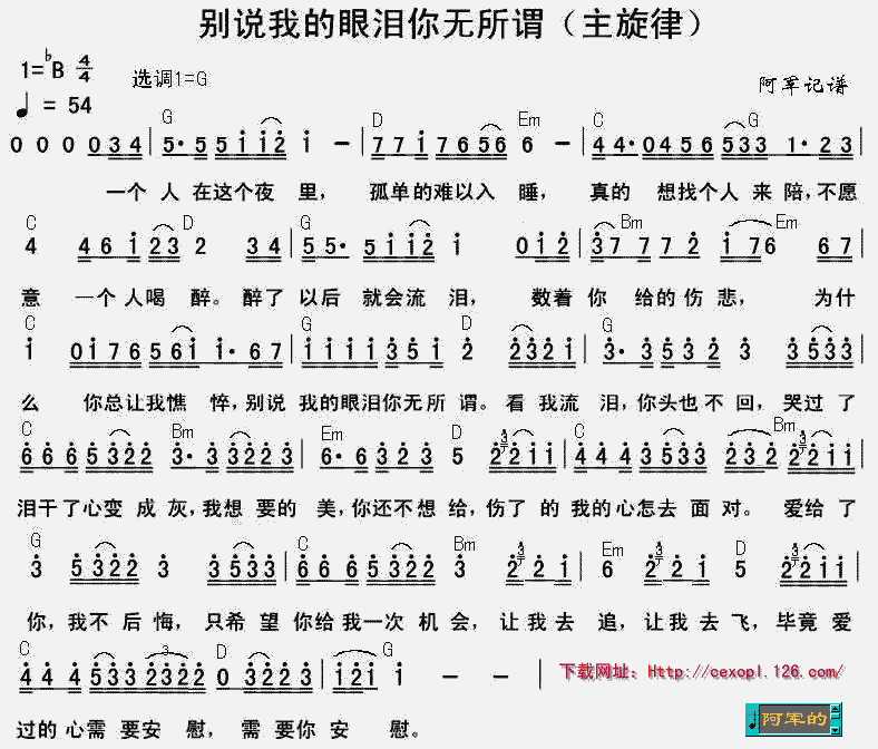 别说我的眼泪你无所谓（主弦律）调-吉他六线谱
